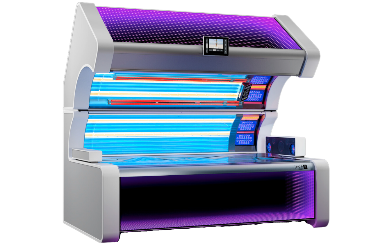 A premium SunSeekers UV tanning bed glowing blue and violet
